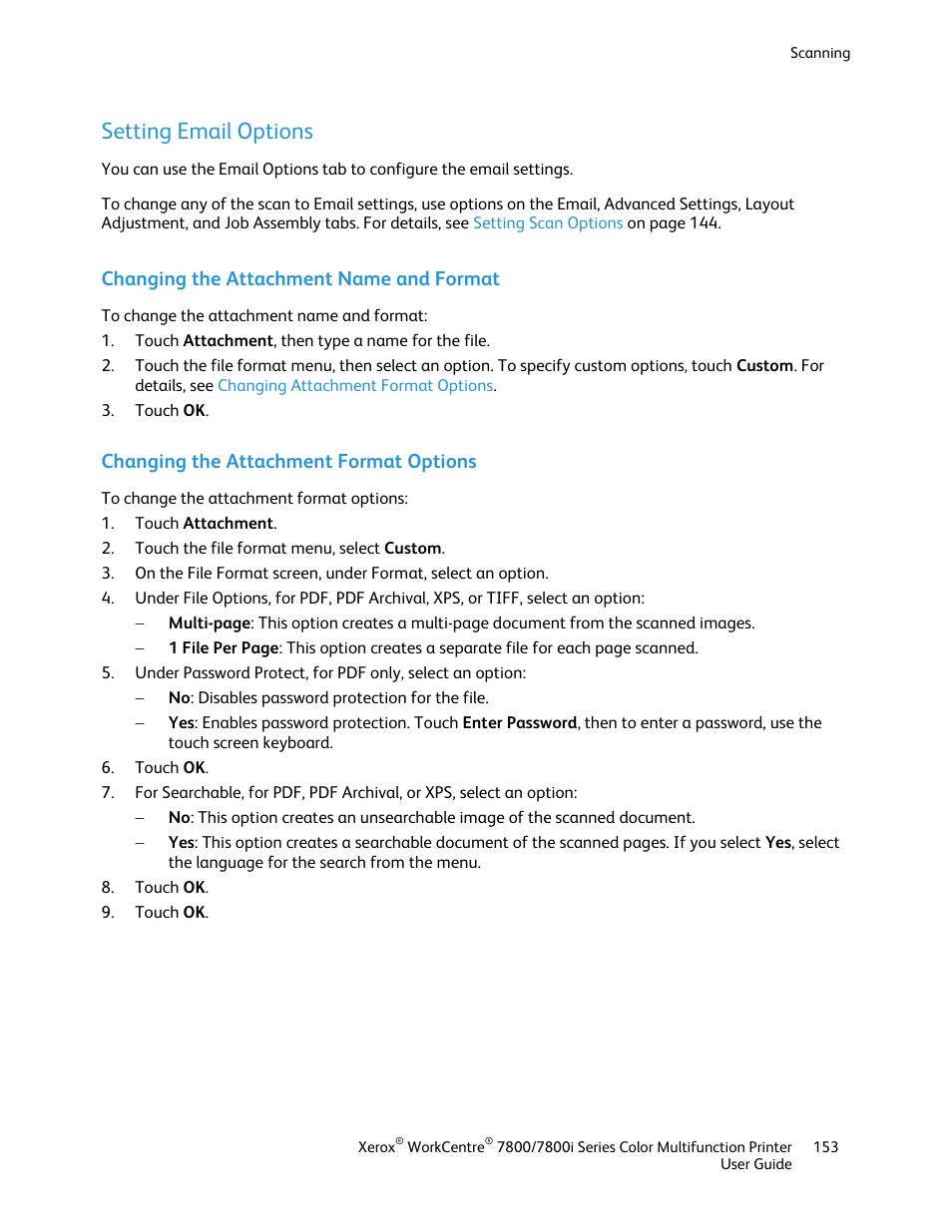 Setting email options, Changing the attachment name and format, Changing the attachment format options | Xerox WorkCentre 7835ii User Manual | Page 153 / 336