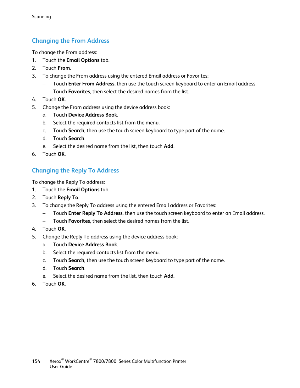 Changing the from address, Changing the reply to address | Xerox WorkCentre 7835ii User Manual | Page 154 / 336