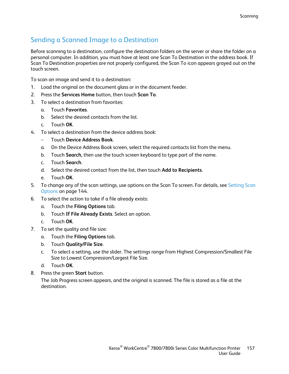 Sending a scanned image to a destination | Xerox WorkCentre 7835ii User Manual | Page 157 / 336