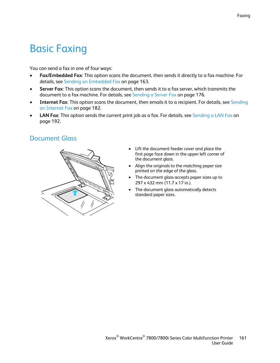 Basic faxing, Document glass | Xerox WorkCentre 7835ii User Manual | Page 161 / 336