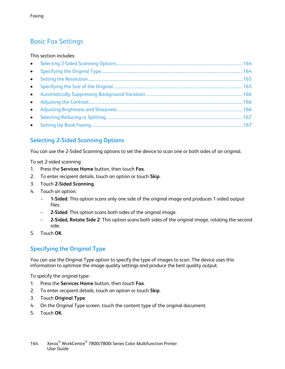 Basic fax settings, Selecting 2-sided scanning options, Specifying the original type | Xerox WorkCentre 7835ii User Manual | Page 164 / 336