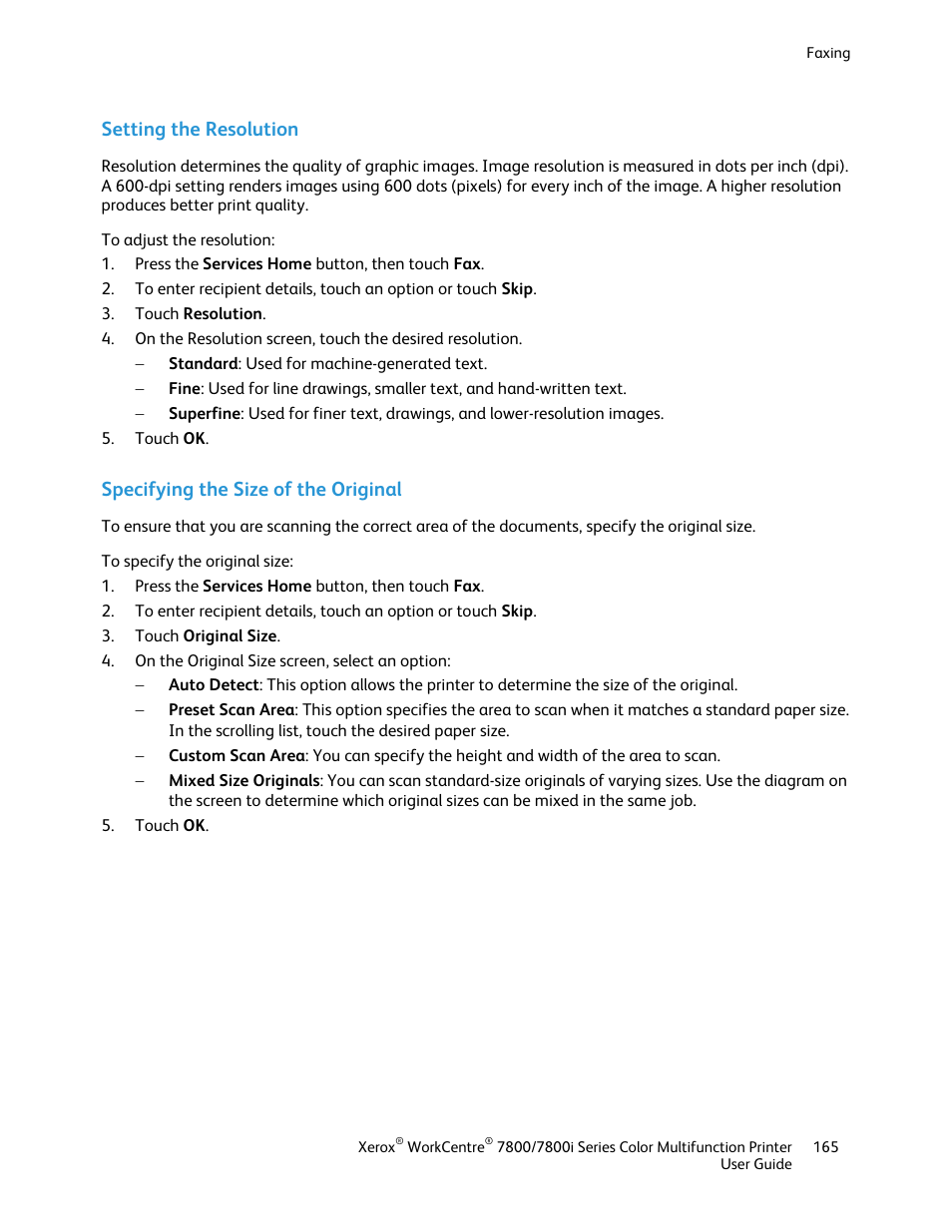 Setting the resolution, Specifying the size of the original | Xerox WorkCentre 7835ii User Manual | Page 165 / 336