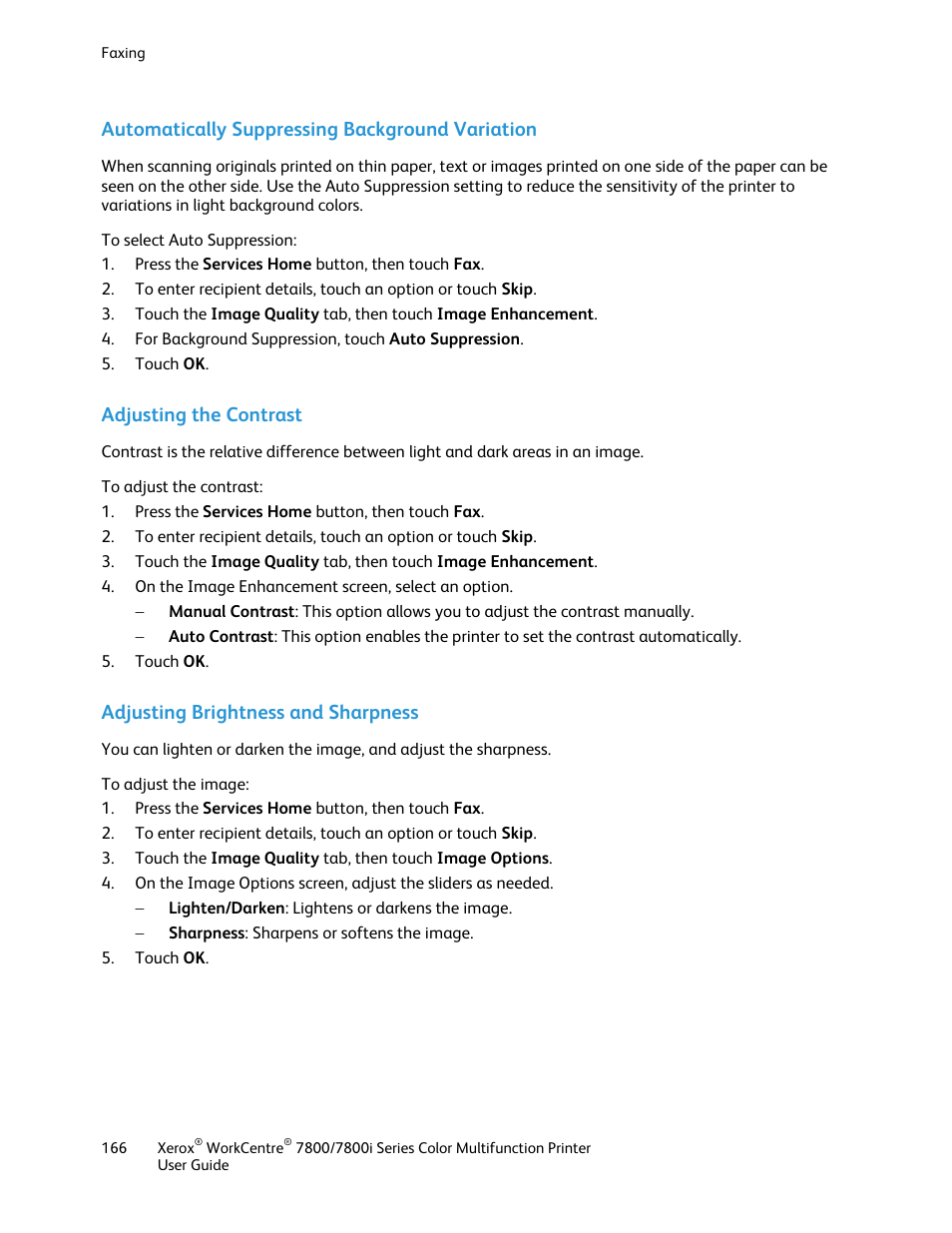 Automatically suppressing background variation, Adjusting the contrast, Adjusting brightness and sharpness | Xerox WorkCentre 7835ii User Manual | Page 166 / 336