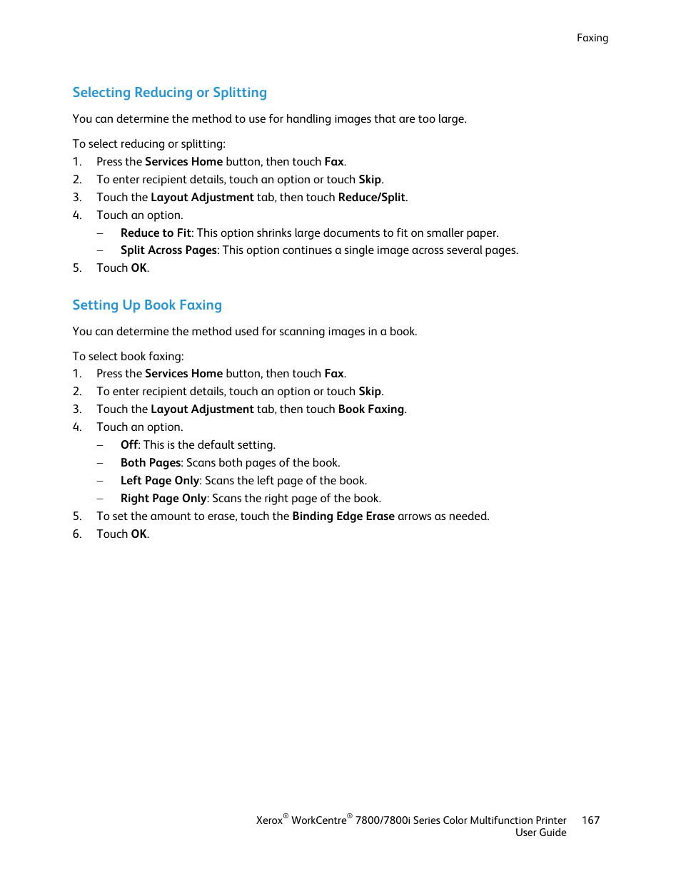 Selecting reducing or splitting, Setting up book faxing | Xerox WorkCentre 7835ii User Manual | Page 167 / 336