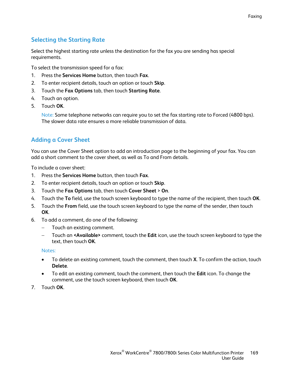 Selecting the starting rate, Adding a cover sheet | Xerox WorkCentre 7835ii User Manual | Page 169 / 336