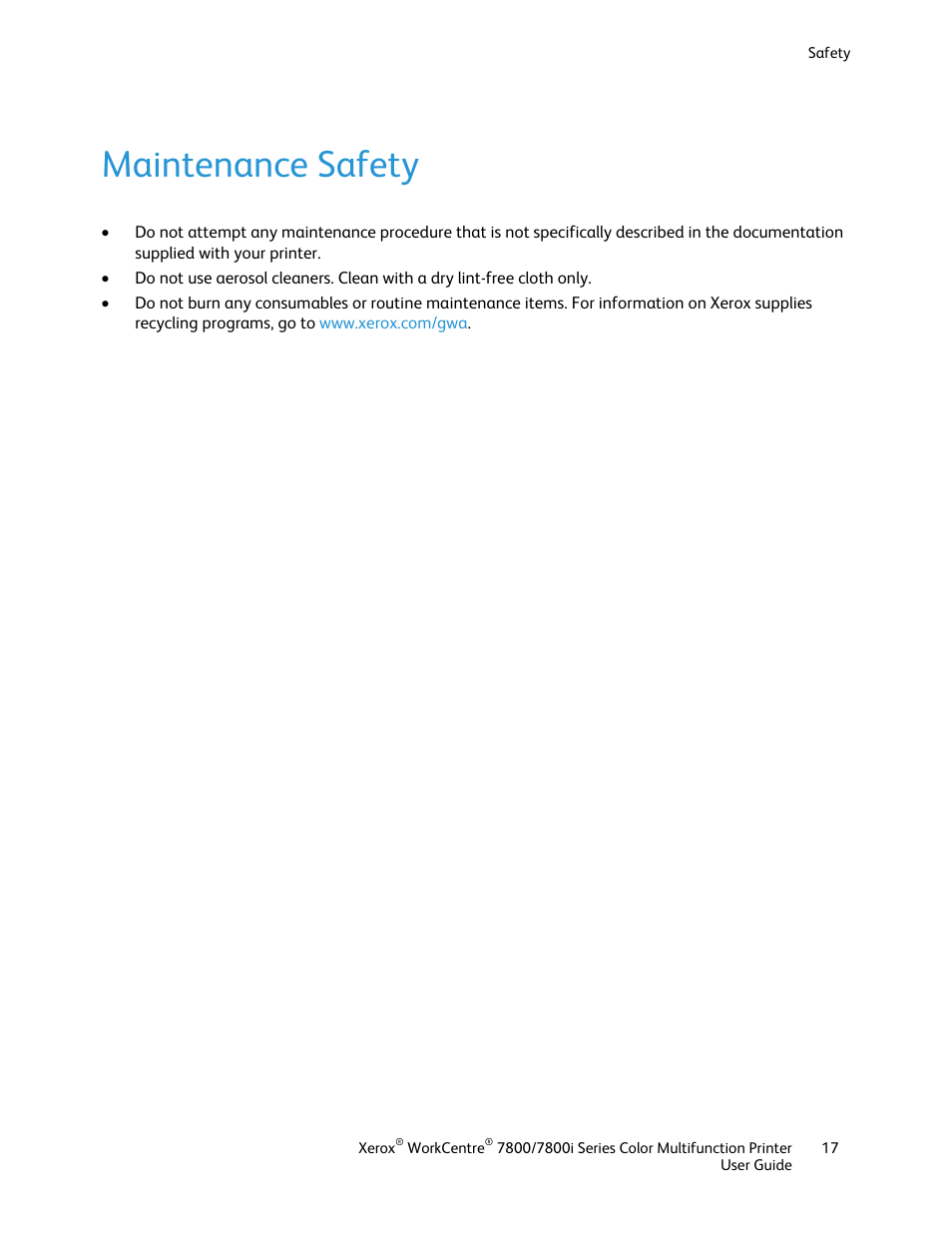 Maintenance safety | Xerox WorkCentre 7835ii User Manual | Page 17 / 336
