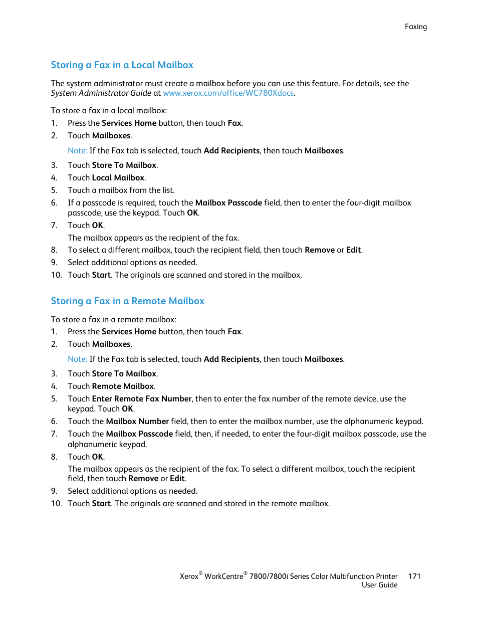 Storing a fax in a local mailbox, Storing a fax in a remote mailbox | Xerox WorkCentre 7835ii User Manual | Page 171 / 336