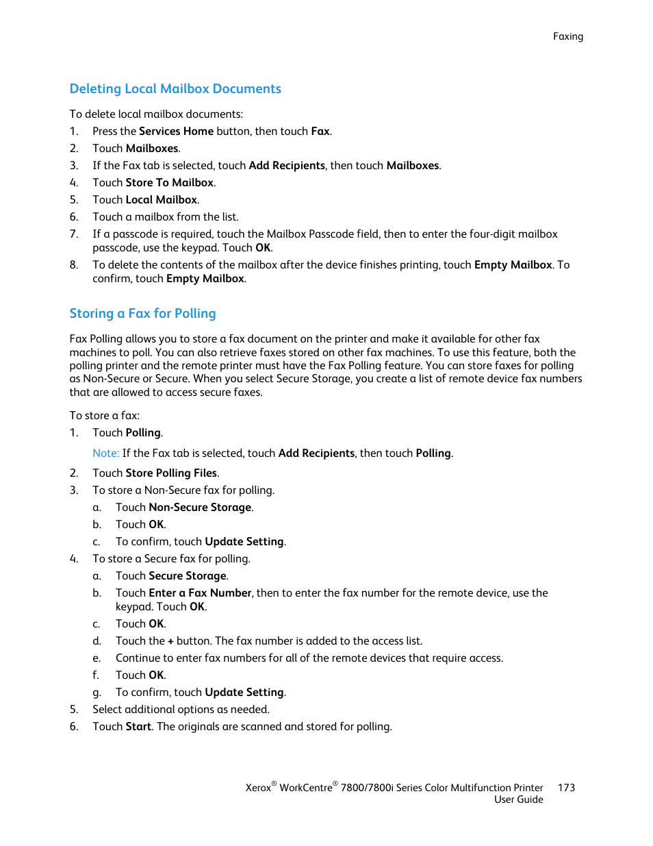 Deleting local mailbox documents, Storing a fax for polling | Xerox WorkCentre 7835ii User Manual | Page 173 / 336