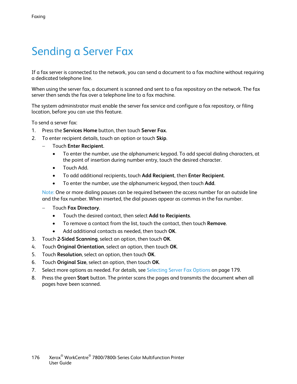 Sending a server fax | Xerox WorkCentre 7835ii User Manual | Page 176 / 336