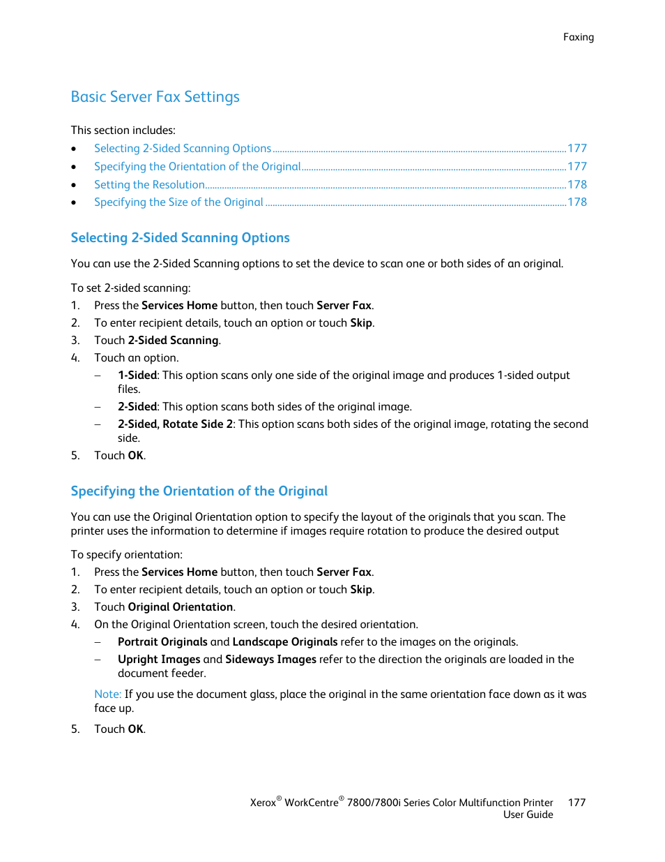 Basic server fax settings, Selecting 2-sided scanning options, Specifying the orientation of the original | Xerox WorkCentre 7835ii User Manual | Page 177 / 336