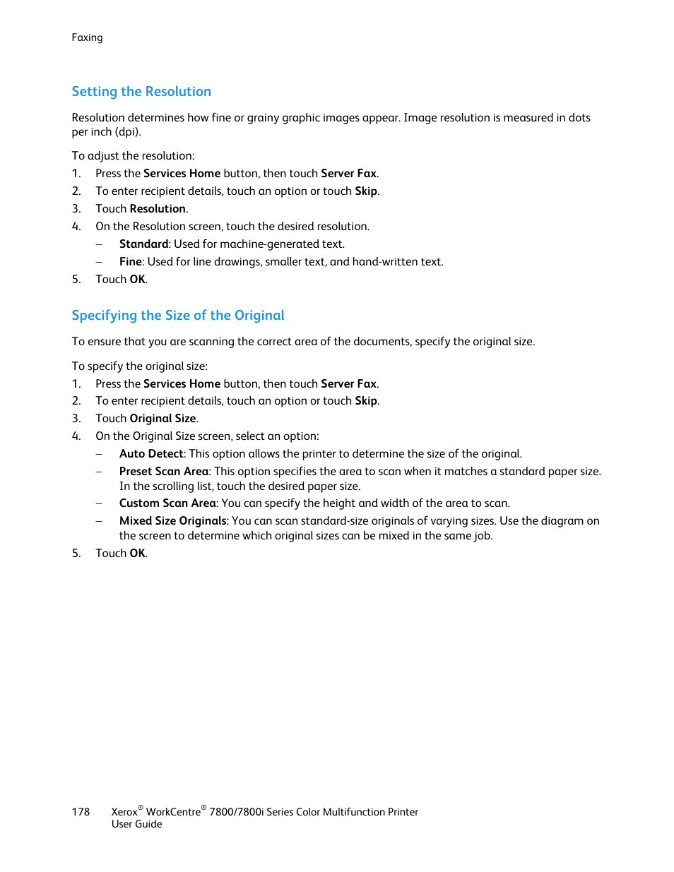 Setting the resolution, Specifying the size of the original | Xerox WorkCentre 7835ii User Manual | Page 178 / 336
