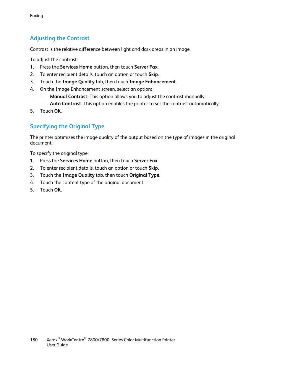 Adjusting the contrast, Specifying the original type | Xerox WorkCentre 7835ii User Manual | Page 180 / 336