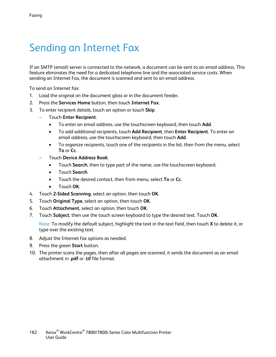 Sending an internet fax, E 182 | Xerox WorkCentre 7835ii User Manual | Page 182 / 336