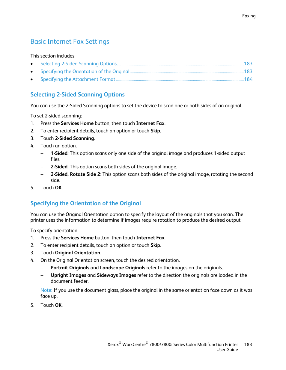 Basic internet fax settings, Selecting 2-sided scanning options, Specifying the orientation of the original | Xerox WorkCentre 7835ii User Manual | Page 183 / 336