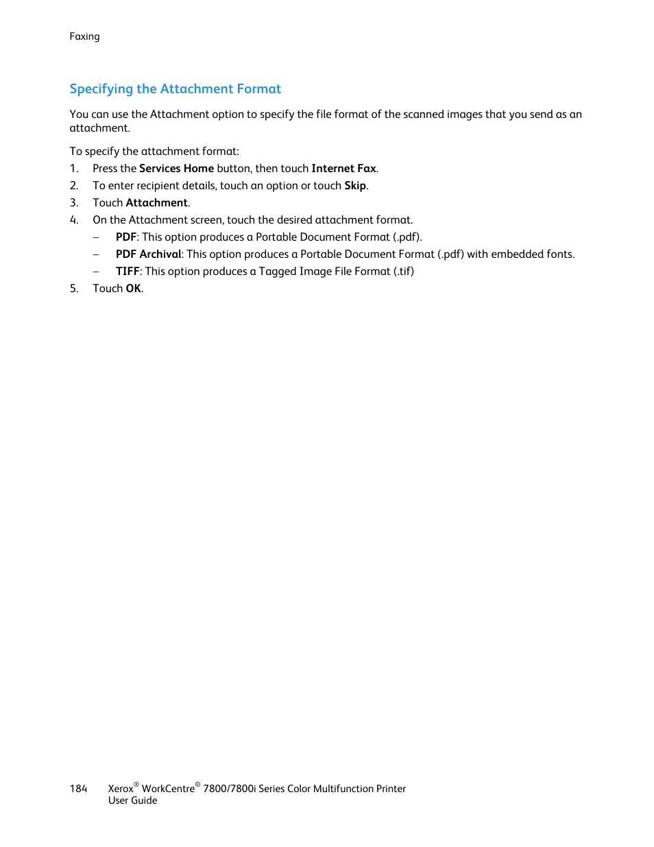 Specifying the attachment format | Xerox WorkCentre 7835ii User Manual | Page 184 / 336