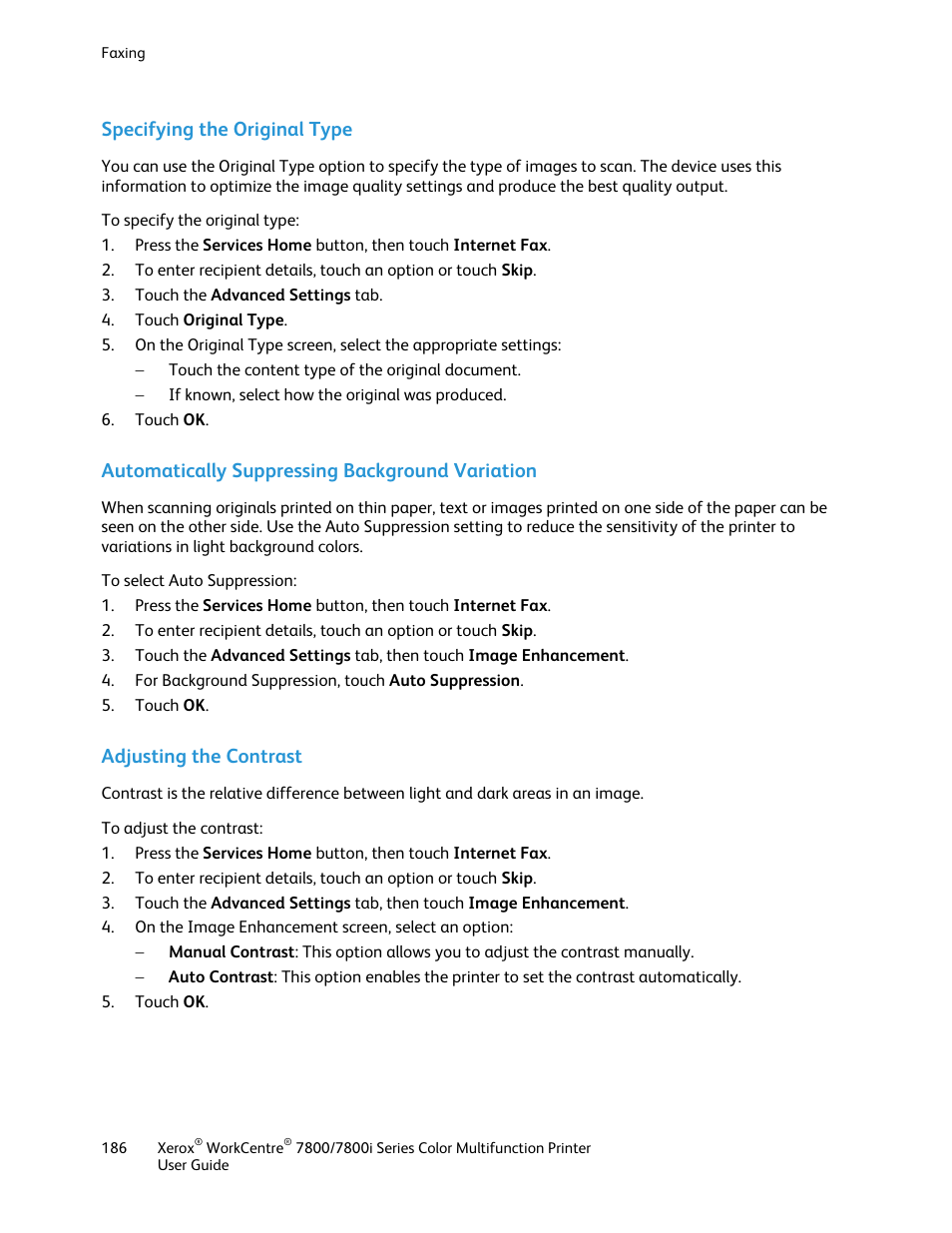 Specifying the original type, Automatically suppressing background variation, Adjusting the contrast | Xerox WorkCentre 7835ii User Manual | Page 186 / 336