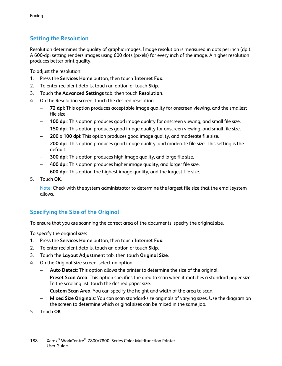 Setting the resolution, Specifying the size of the original | Xerox WorkCentre 7835ii User Manual | Page 188 / 336