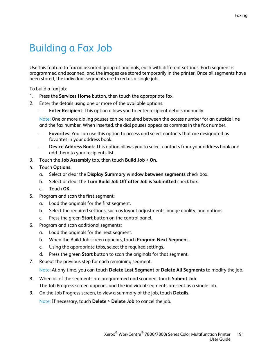 Building a fax job | Xerox WorkCentre 7835ii User Manual | Page 191 / 336