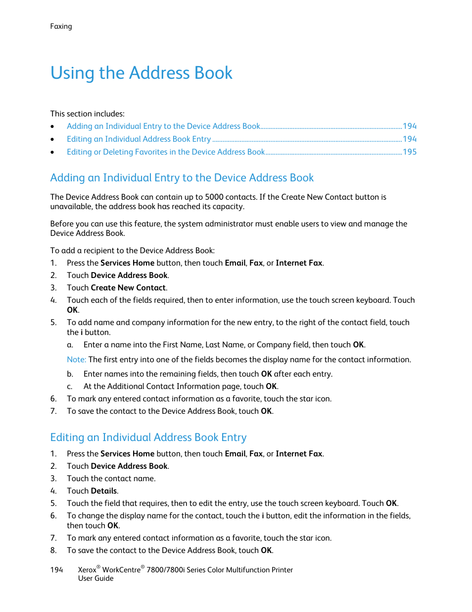 Using the address book, Editing an individual address book entry | Xerox WorkCentre 7835ii User Manual | Page 194 / 336