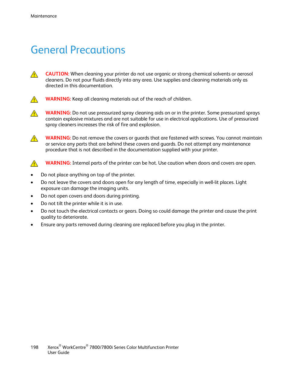 General precautions | Xerox WorkCentre 7835ii User Manual | Page 198 / 336