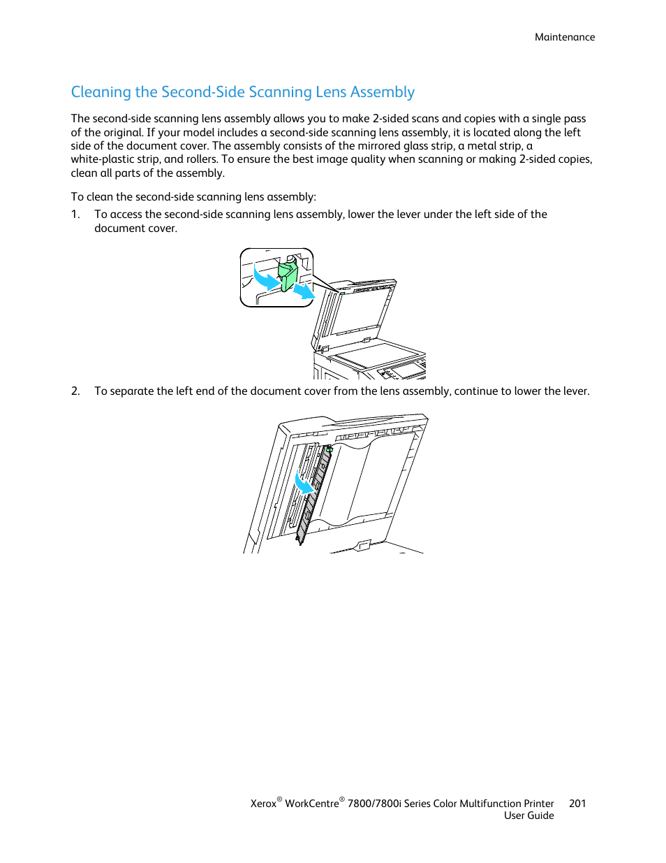 Cleaning the second-side scanning lens assembly | Xerox WorkCentre 7835ii User Manual | Page 201 / 336