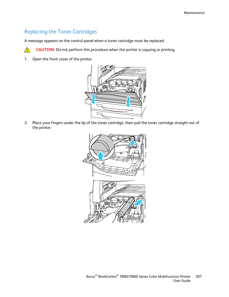 Replacing the toner cartridges | Xerox WorkCentre 7835ii User Manual | Page 207 / 336