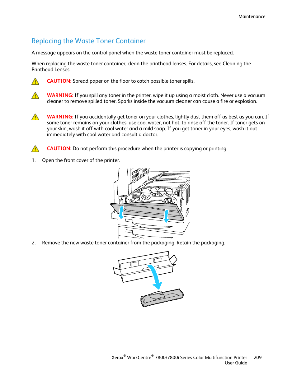 Replacing the waste toner container | Xerox WorkCentre 7835ii User Manual | Page 209 / 336