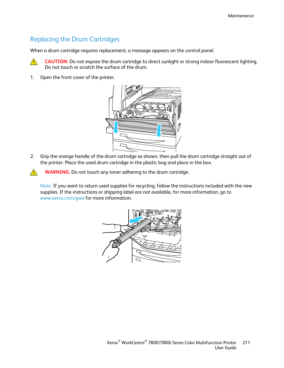 Replacing the drum cartridges | Xerox WorkCentre 7835ii User Manual | Page 211 / 336