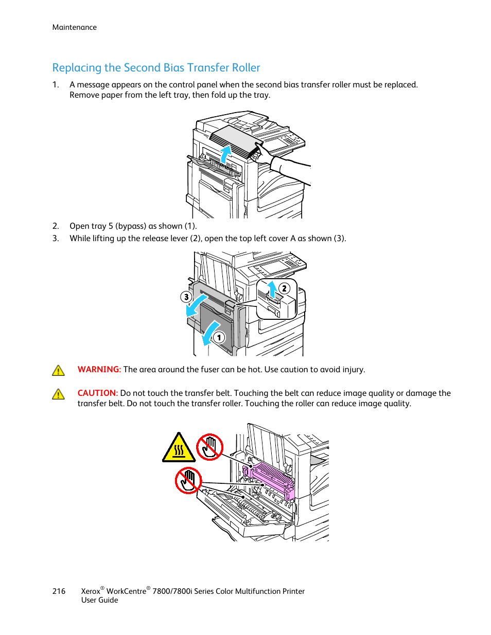 Replacing the second bias transfer roller | Xerox WorkCentre 7835ii User Manual | Page 216 / 336