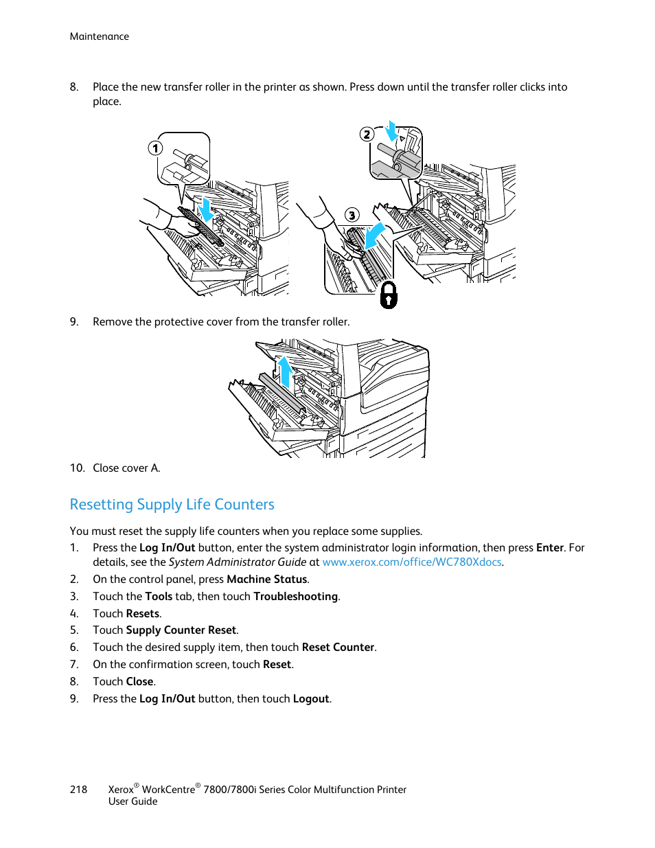 Resetting supply life counters | Xerox WorkCentre 7835ii User Manual | Page 218 / 336