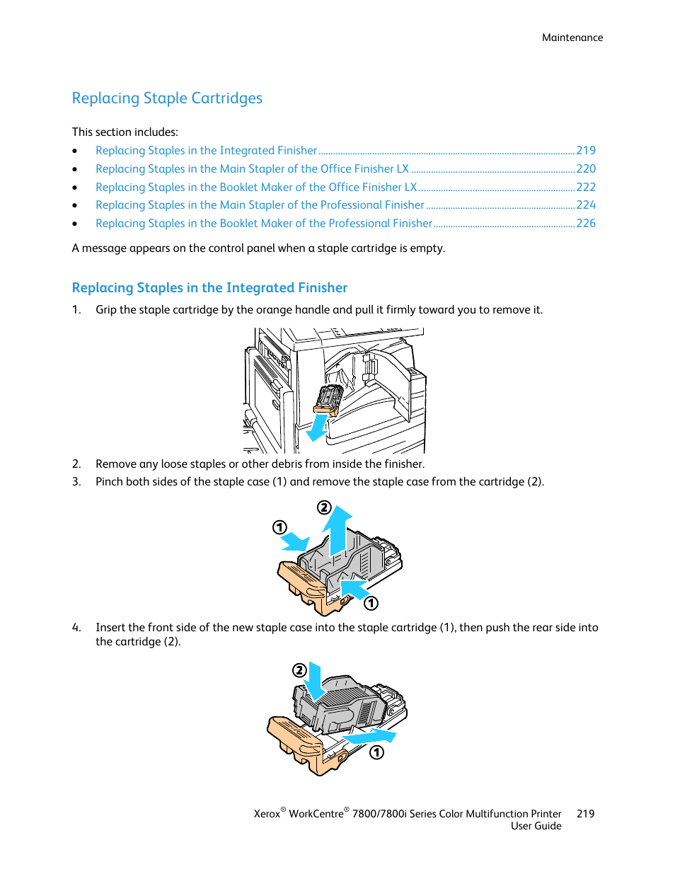 Replacing staple cartridges, Replacing staples in the integrated finisher | Xerox WorkCentre 7835ii User Manual | Page 219 / 336