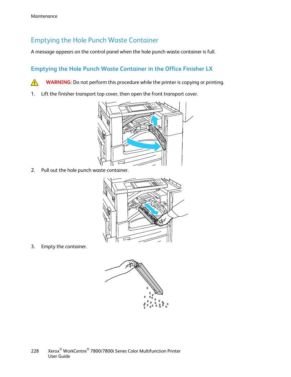 Emptying the hole punch waste container | Xerox WorkCentre 7835ii User Manual | Page 228 / 336