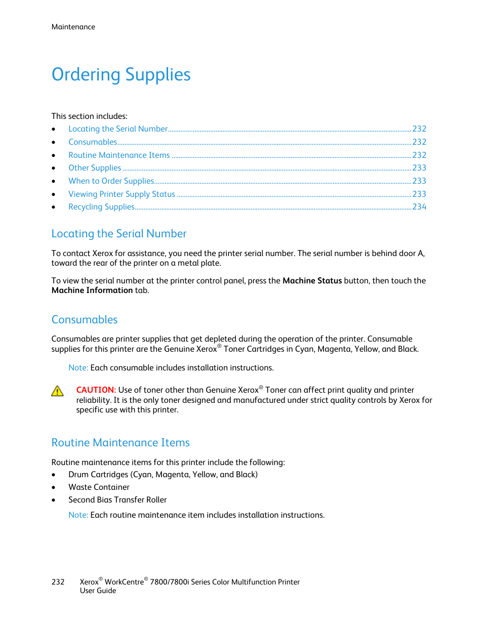 Ordering supplies, Locating the serial number, Consumables | Routine maintenance items | Xerox WorkCentre 7835ii User Manual | Page 232 / 336