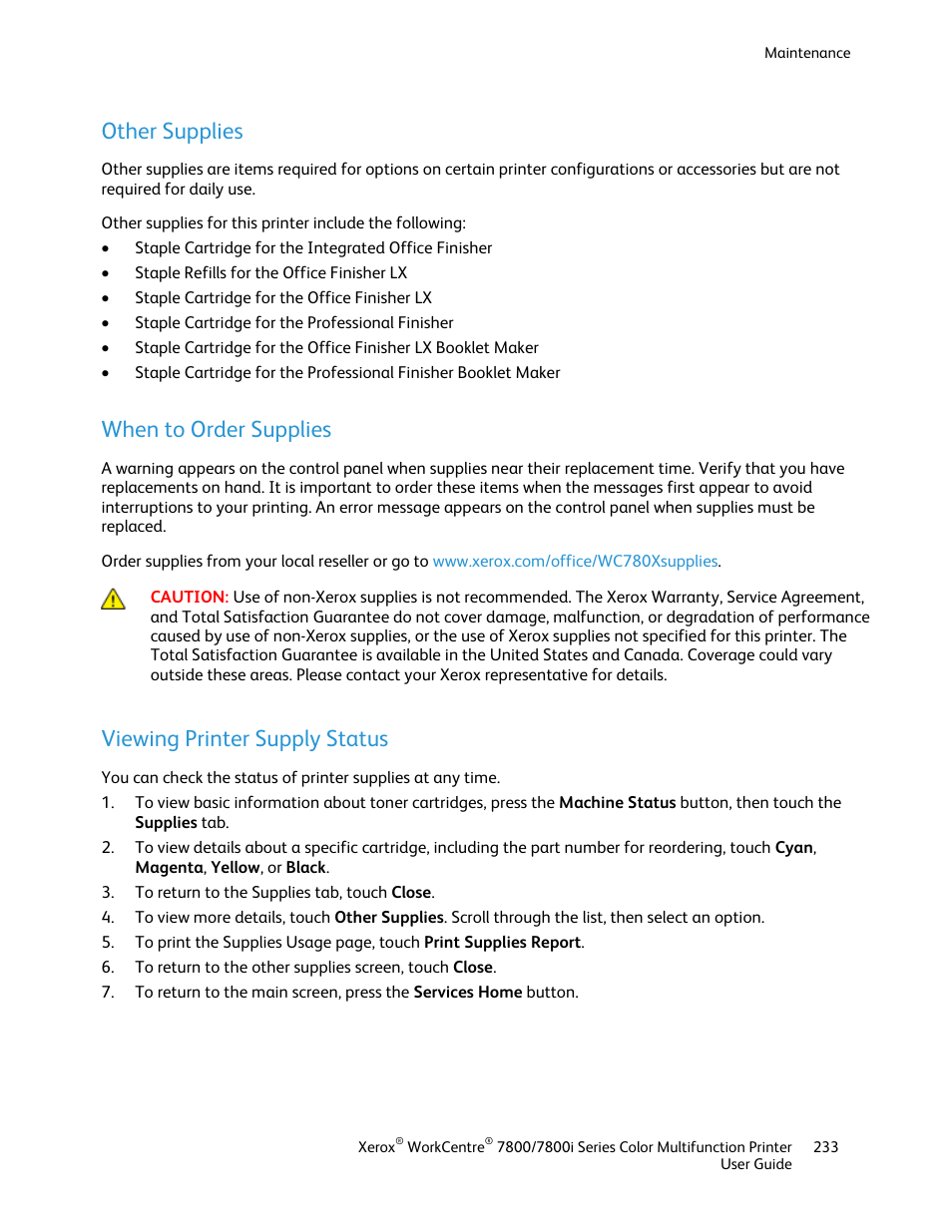 Other supplies, When to order supplies, Viewing printer supply status | Xerox WorkCentre 7835ii User Manual | Page 233 / 336