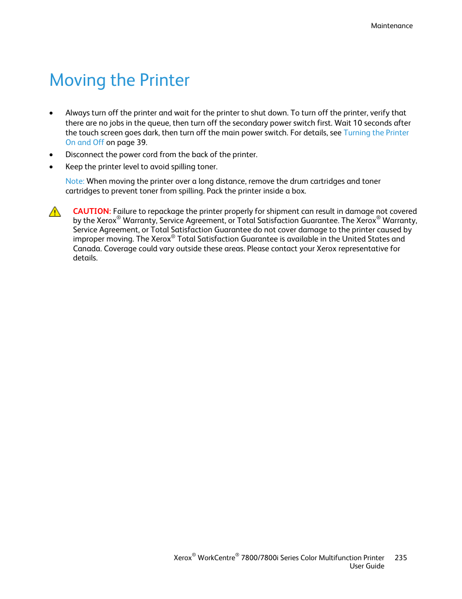 Moving the printer | Xerox WorkCentre 7835ii User Manual | Page 235 / 336