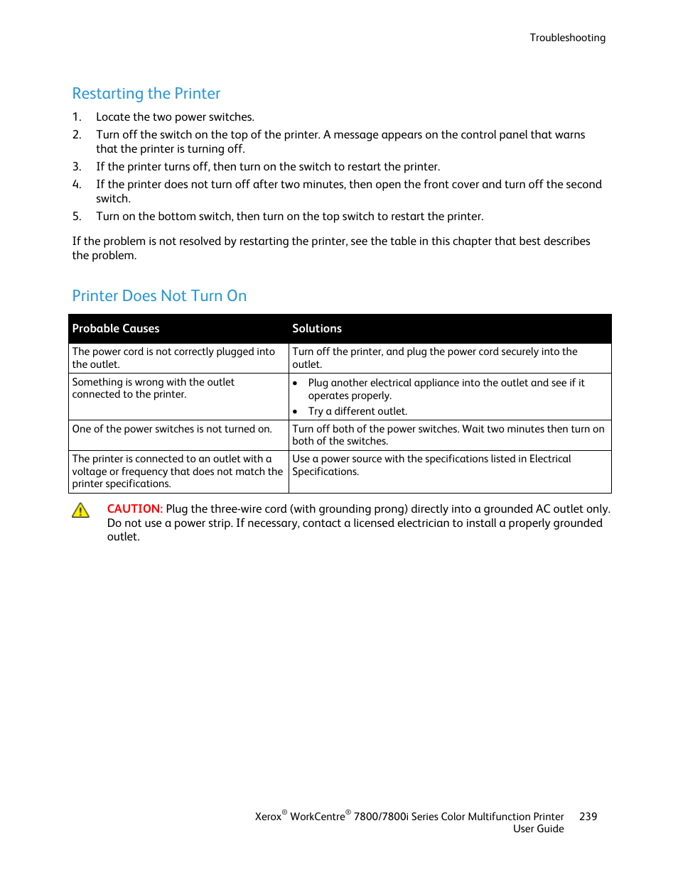 Restarting the printer, Printer does not turn on | Xerox WorkCentre 7835ii User Manual | Page 239 / 336