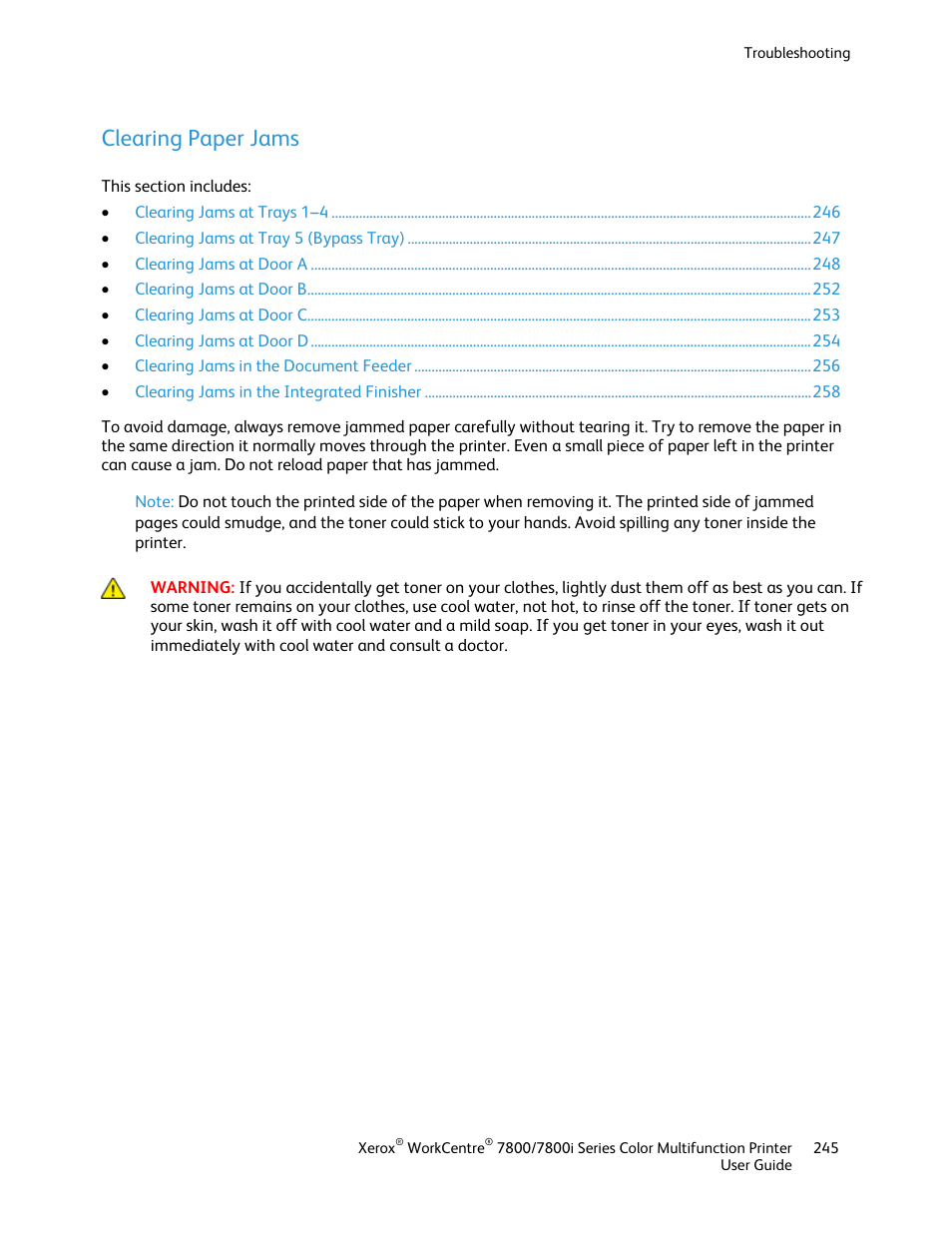 Clearing paper jams | Xerox WorkCentre 7835ii User Manual | Page 245 / 336