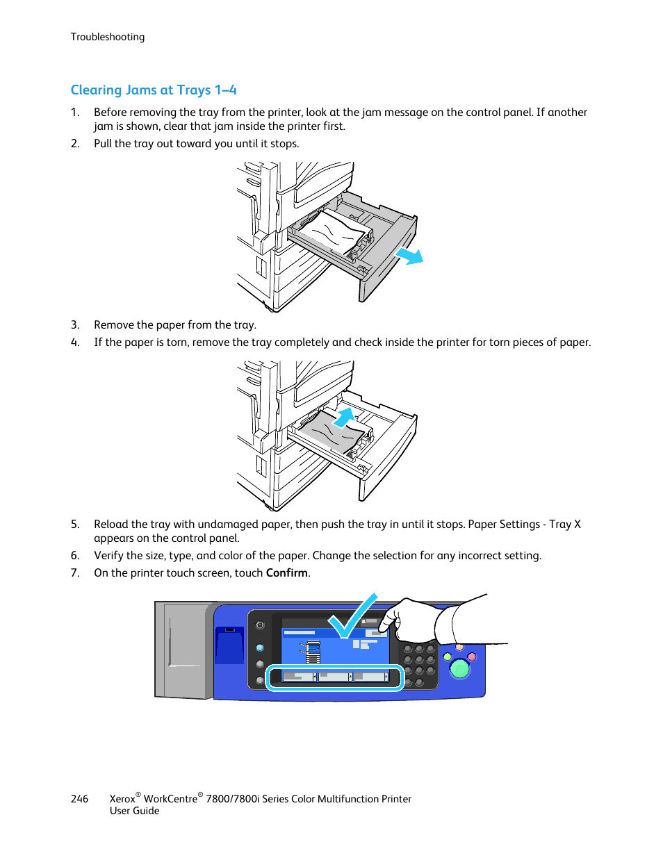 Clearing jams at trays 1–4 | Xerox WorkCentre 7835ii User Manual | Page 246 / 336