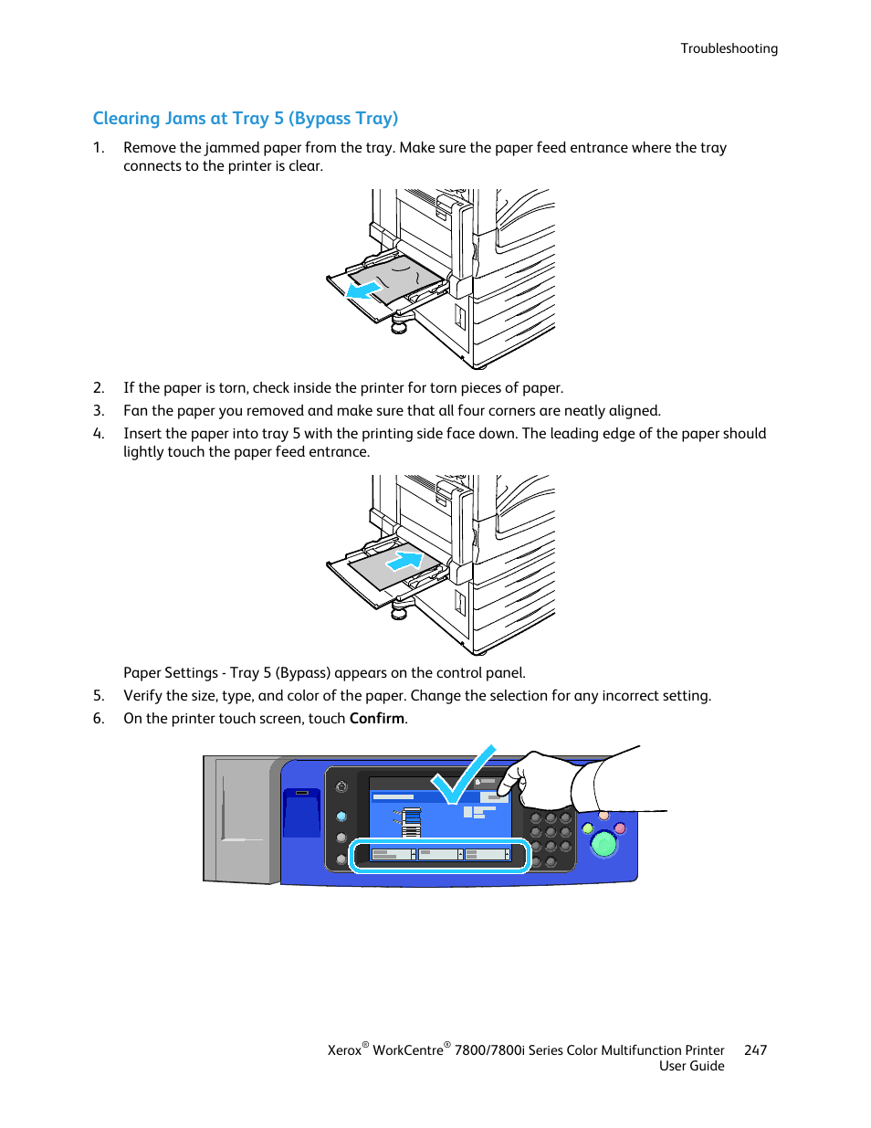 Clearing jams at tray 5 (bypass tray) | Xerox WorkCentre 7835ii User Manual | Page 247 / 336