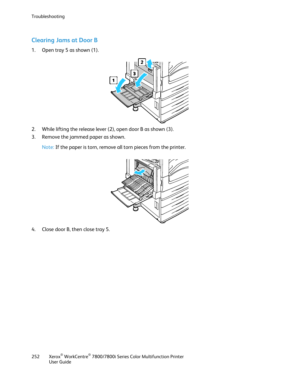 Clearing jams at door b | Xerox WorkCentre 7835ii User Manual | Page 252 / 336