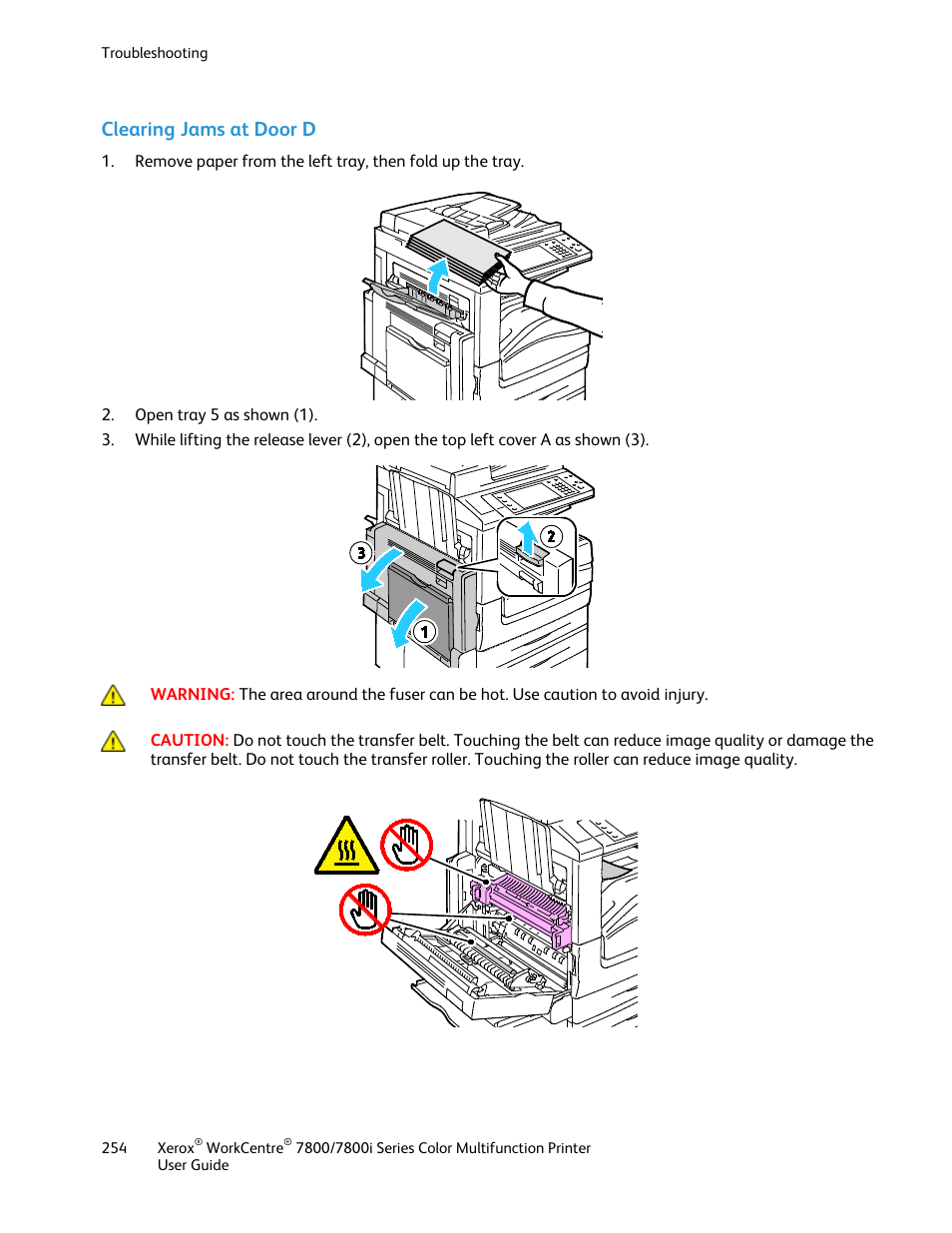 Clearing jams at door d | Xerox WorkCentre 7835ii User Manual | Page 254 / 336