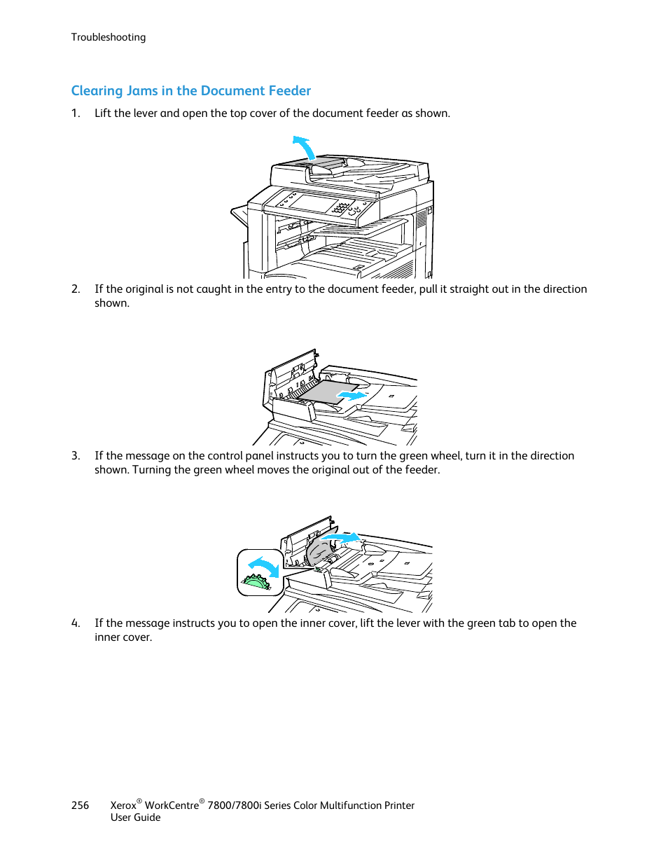 Clearing jams in the document feeder | Xerox WorkCentre 7835ii User Manual | Page 256 / 336