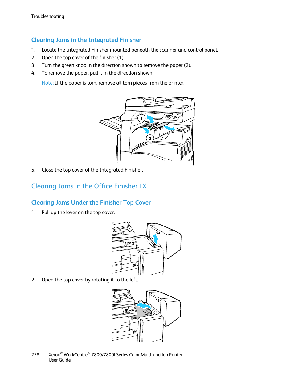 Clearing jams in the integrated finisher, Clearing jams in the office finisher lx, Clearing jams under the finisher top cover | Xerox WorkCentre 7835ii User Manual | Page 258 / 336