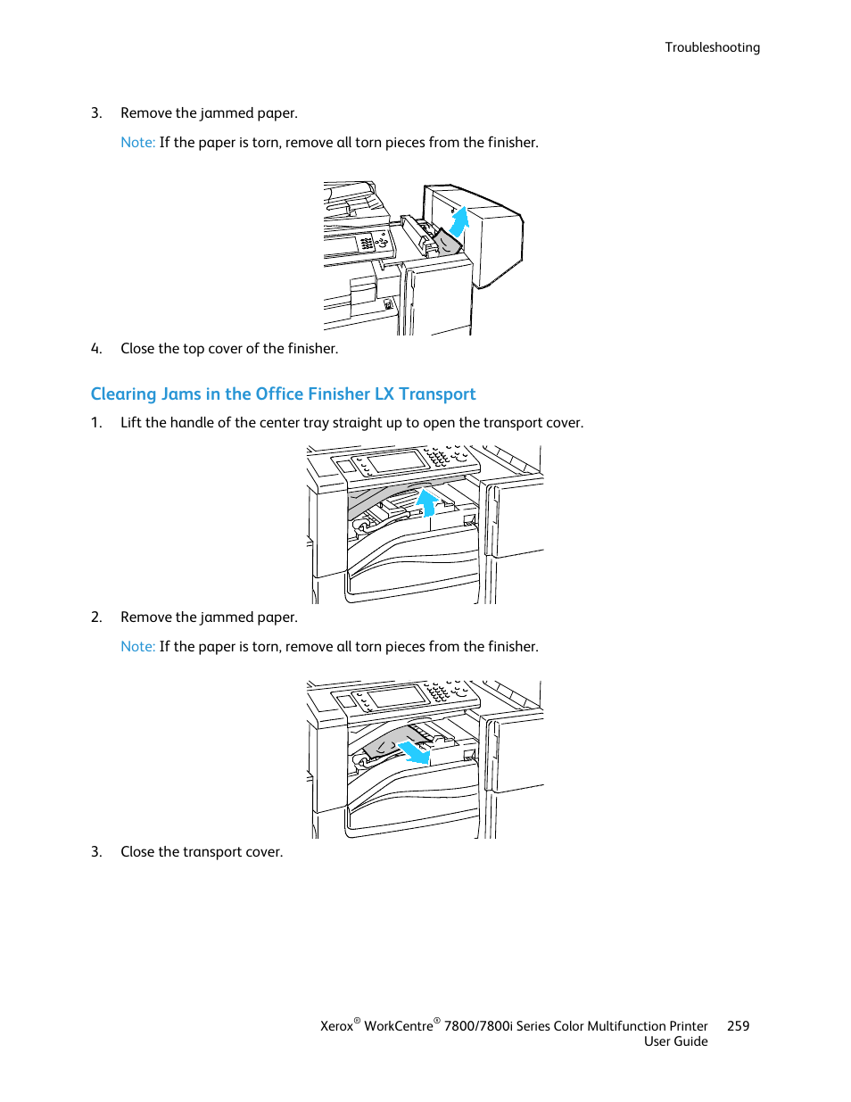 Clearing jams in the office finisher lx transport | Xerox WorkCentre 7835ii User Manual | Page 259 / 336