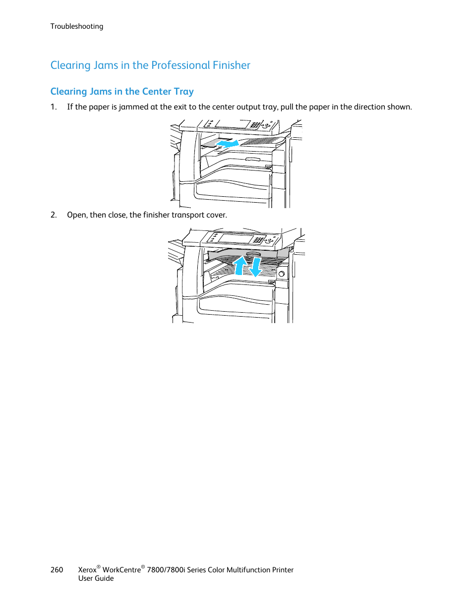 Clearing jams in the professional finisher, Clearing jams in the center tray | Xerox WorkCentre 7835ii User Manual | Page 260 / 336