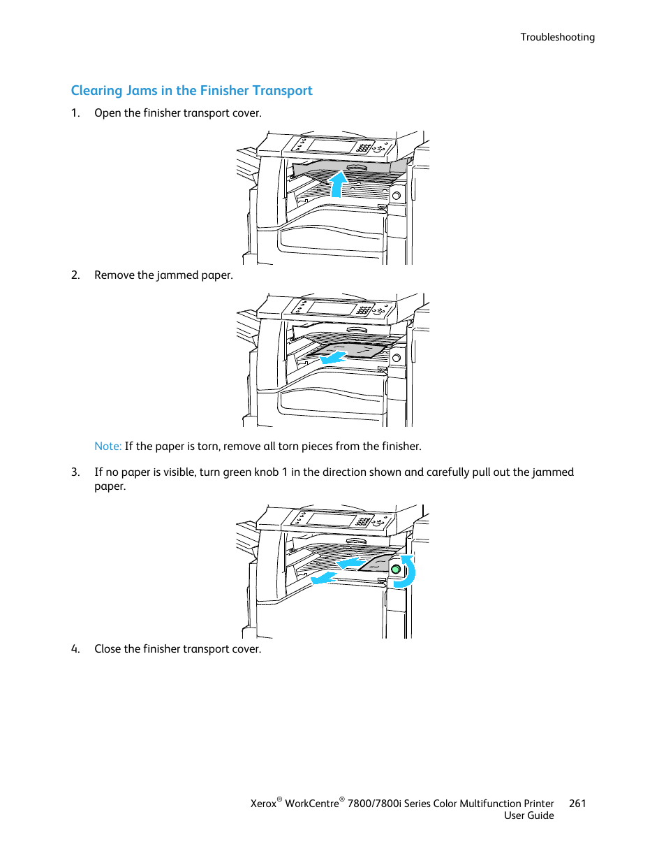 Clearing jams in the finisher transport | Xerox WorkCentre 7835ii User Manual | Page 261 / 336