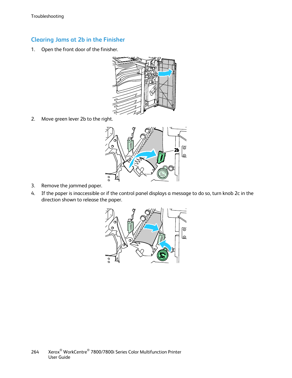 Clearing jams at 2b in the finisher | Xerox WorkCentre 7835ii User Manual | Page 264 / 336
