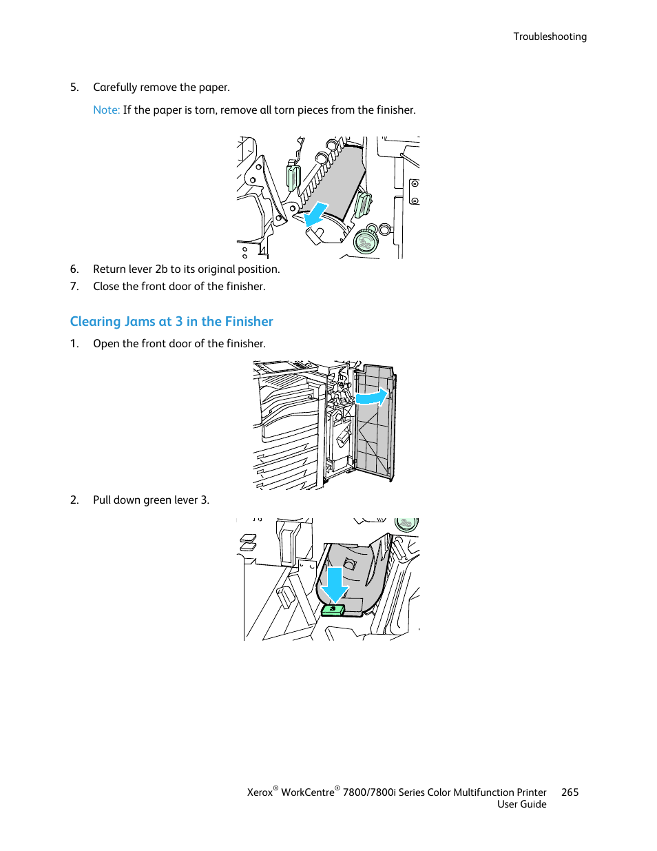 Clearing jams at 3 in the finisher | Xerox WorkCentre 7835ii User Manual | Page 265 / 336