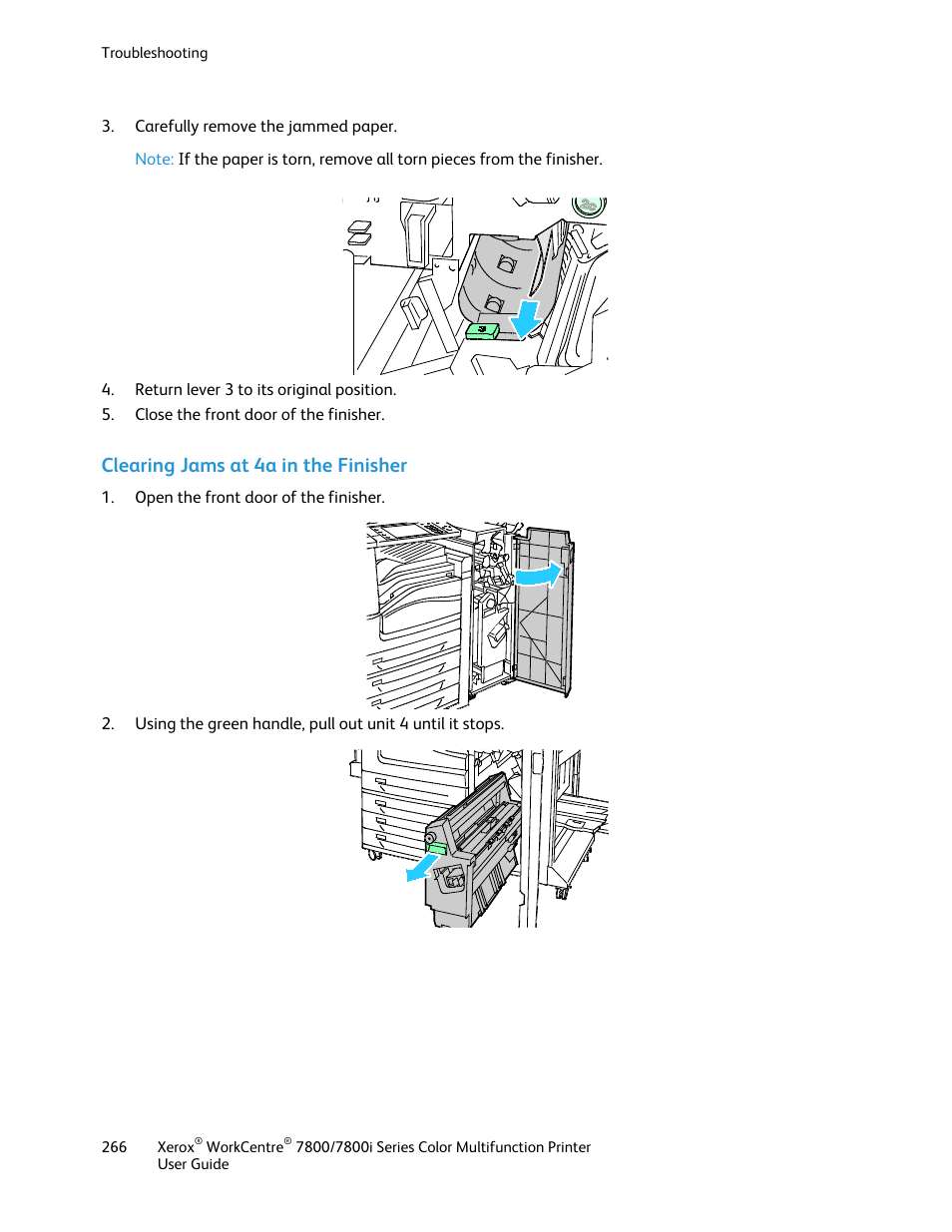 Clearing jams at 4a in the finisher | Xerox WorkCentre 7835ii User Manual | Page 266 / 336