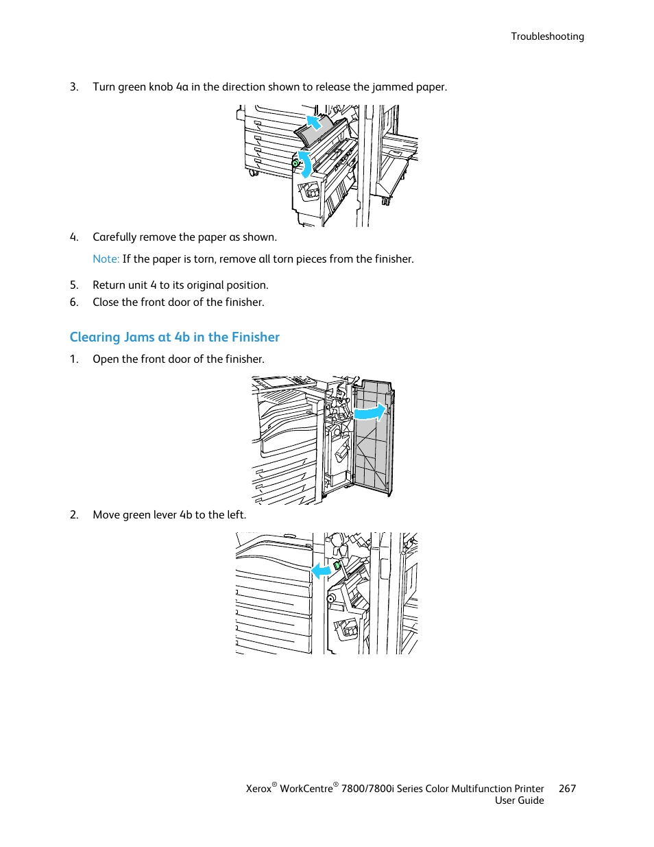 Clearing jams at 4b in the finisher | Xerox WorkCentre 7835ii User Manual | Page 267 / 336